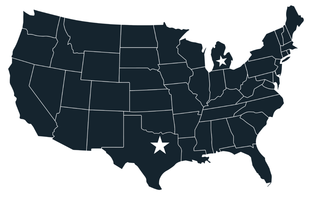 Map of the United States with Texas and Michigan highlighted, showcasing their locations.